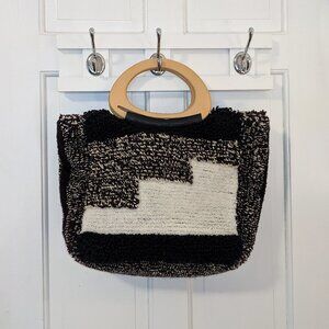 Anthropologie Black and White Tufted Wooden Handle Carrier Tote Bag